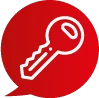 Weißer Schlüssel in einem roten Sprechblasen-Icon.