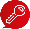 Schlüssel für den Notfall Weißer Schlüssel in einem roten Sprechblasen-Icon.