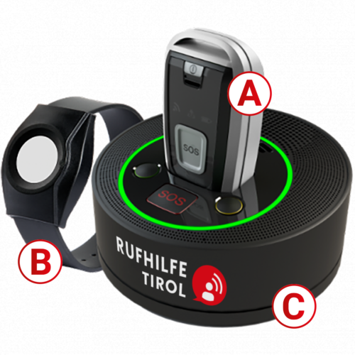 LIBIFYcare 3 in 1 Das schwarze Rufhilfe-Set bestehend aus der aktiven Ladestation, dem Mobilgerät sowie dem Funkarmband - jeweils mit SOS-Taste.